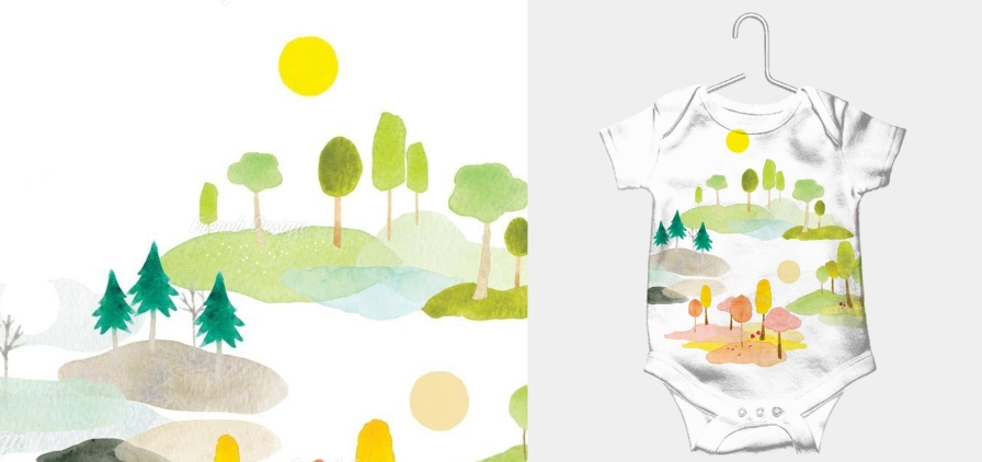 Image d’un body bébé à motif textile de paysage
