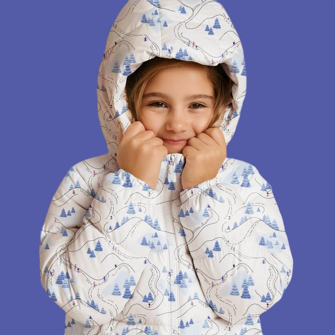 girls' down jacket with a winter skiing motif