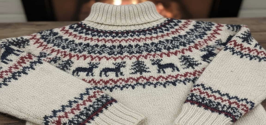 Image de motif ethnique nordique sur un pull en laine blanc devant un feu de cheminée