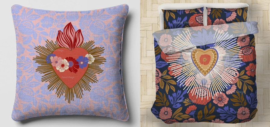 Photo d’un coussin et d'une housse de couette avec un motif placé