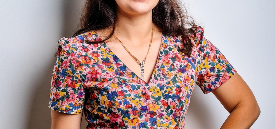 Photography illustrating a dress printed with a trendy and colorful Liberty pattern