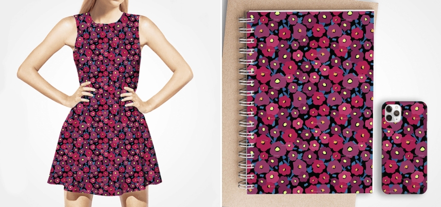 Image d’un motif all-over sur une robe, un carnet de note et une coque de téléphone