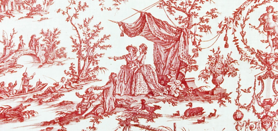 Image d’une toile de Jouy à motifs scènes de vie quotidienne